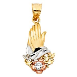 14K 3C CZ Praying Hands Pendant S1