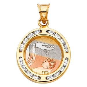 14K 3C CZ Round Baptism Pendant