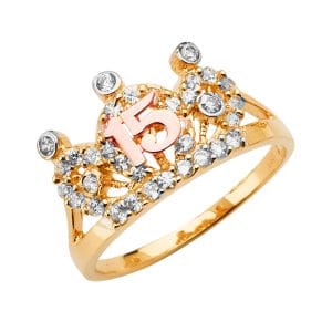 14K 3C 15 Years CZ Crown Ring S1