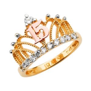 14K 3C 15 Years CZ Crown Ring S2