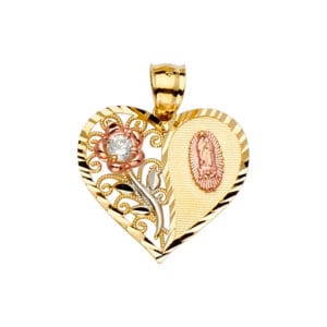 14K 3C Heart Pendant with Flower and Guadalupe