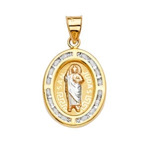 14K 3C CZ San Judas Medal Pendant with Engraved letters