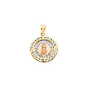 14K 3C CZ Round Nuestra Boda Pendant with Guadalupe