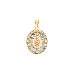 14K 3C CZ Oval Nuestra Boda Pendant with Guadalupe