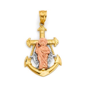14K 3C Anchor San Judas Pendant with White, Rose and Yellow Gold