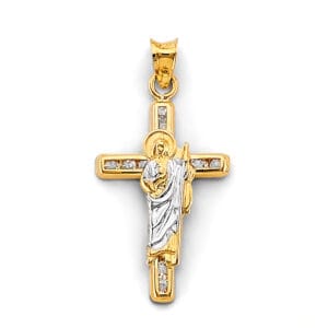 14K 2T CZ Cross White and Yellow Gold San Judas Pendant