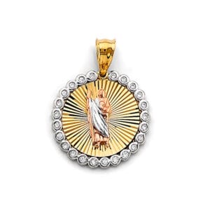 14K 3C CZ San Judas Medal Pendant with Rays of Gold