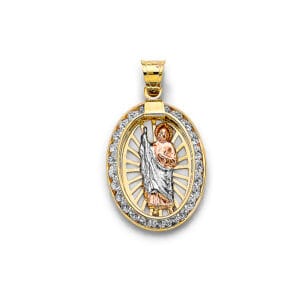 14K 3C CZ Oval San Judas Pendant with White, Yellow and Rose Gold
