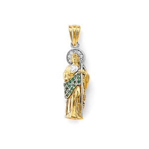 14K 2T White and Green CZ San Judas 3D Pendant