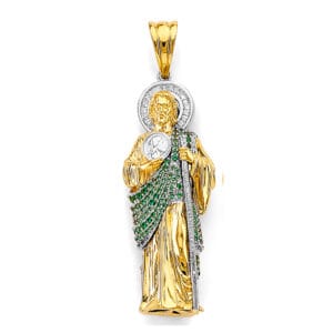 14K 2T White and Green CZ San Judas Whole Body 3D Pendant