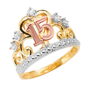 14K 3C 15 Years CZ Crown Ring S6