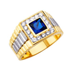 14K 2T Square Men's CZ Ring with Blue Saphired Stone