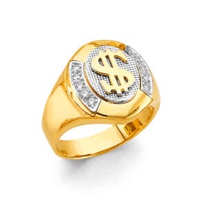 14K 2T Round Men's CZ Ring CZ with Dollar Sign